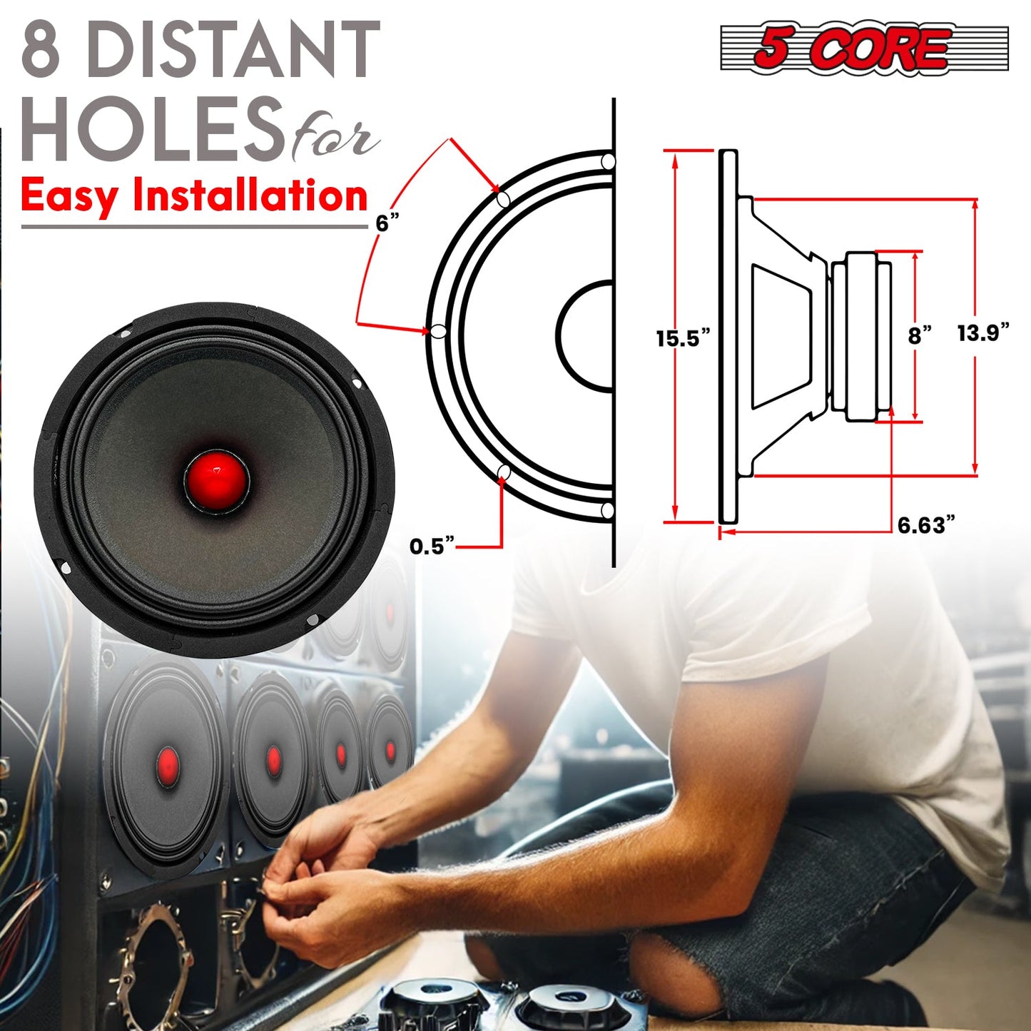 5Core 8 Inch Midrange Door Speaker 500W Subwoofer w Aluminum Bullet 8Ω