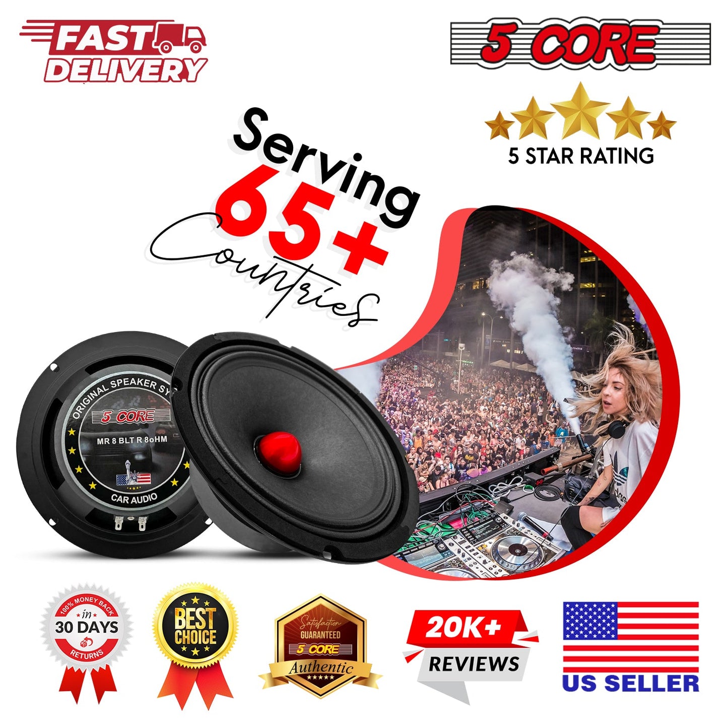 5Core 8 Inch Midrange Door Speaker 500W Subwoofer w Aluminum Bullet 8Ω