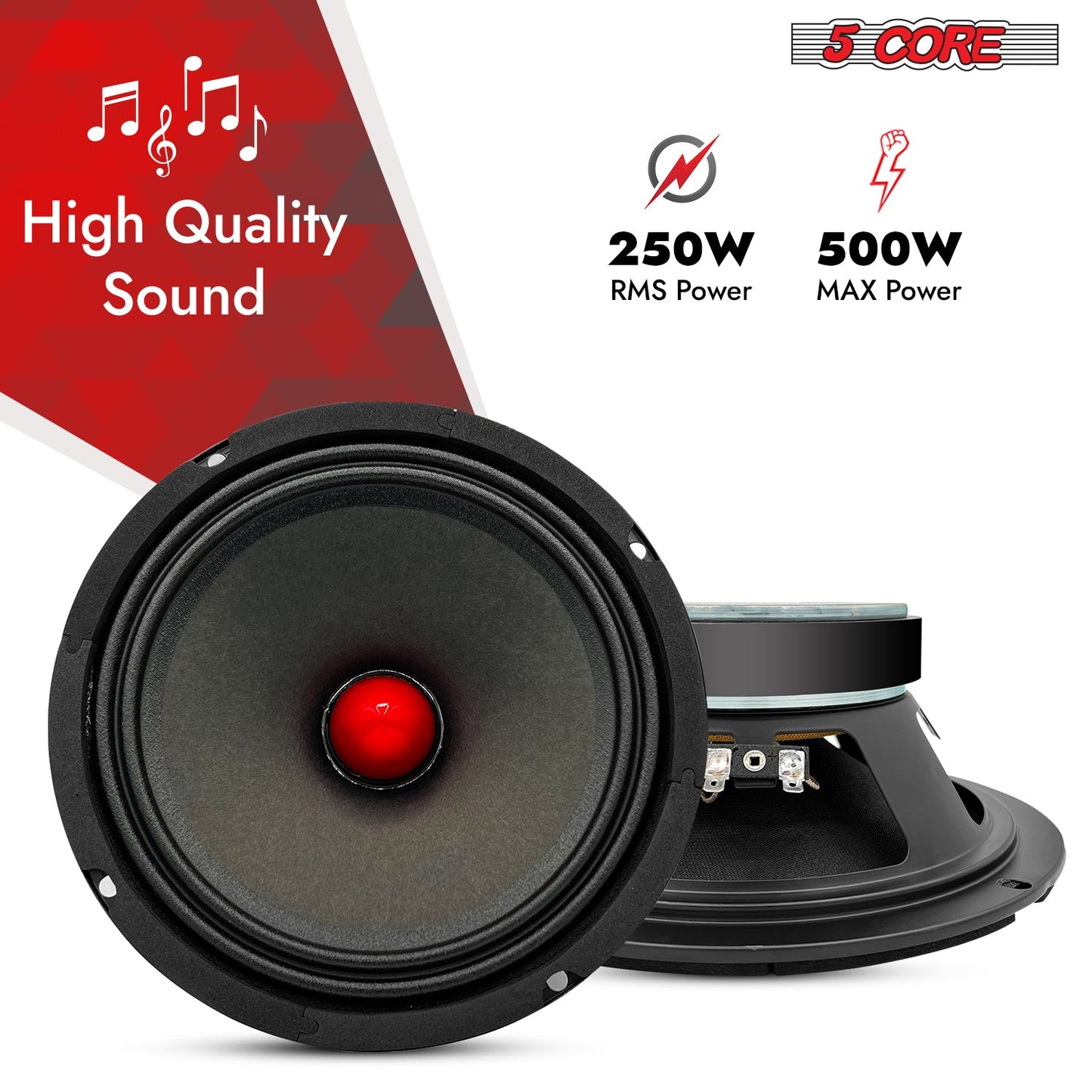 5Core 8 Inch Midrange Door Speaker 500W Subwoofer w Aluminum Bullet 8Ω