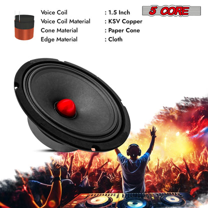 5Core 8 Inch Midrange Door Speaker 500W Subwoofer w Aluminum Bullet 8Ω