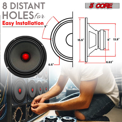 5Core 8 Inch Midrange Door Speaker 500W Subwoofer w Aluminum Bullet 8Ω